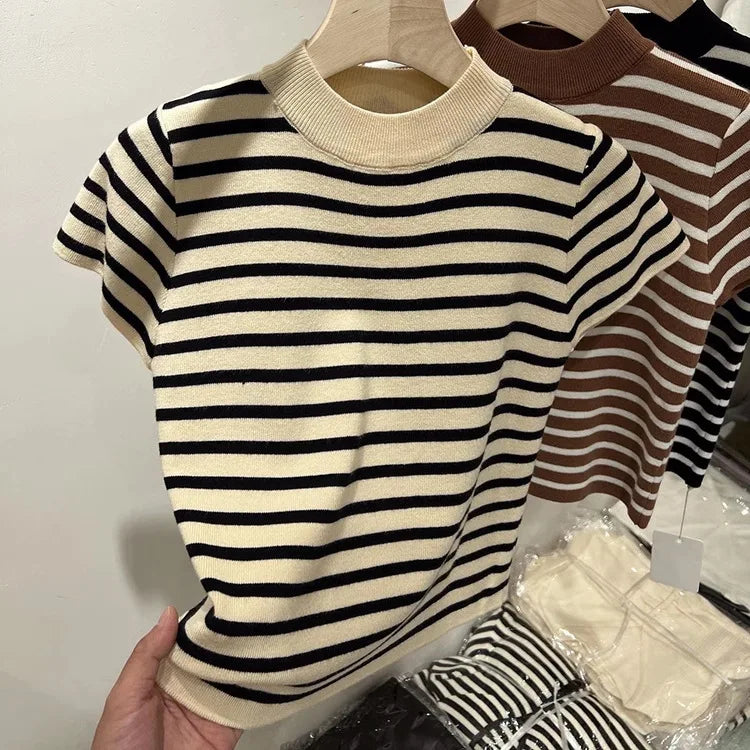 Half Turtleneck Pullover Striped Sweater Sweater Slim Fit Top Shirt Women's Early Spring and Autumn Short Sleeve Bottoming Shirt