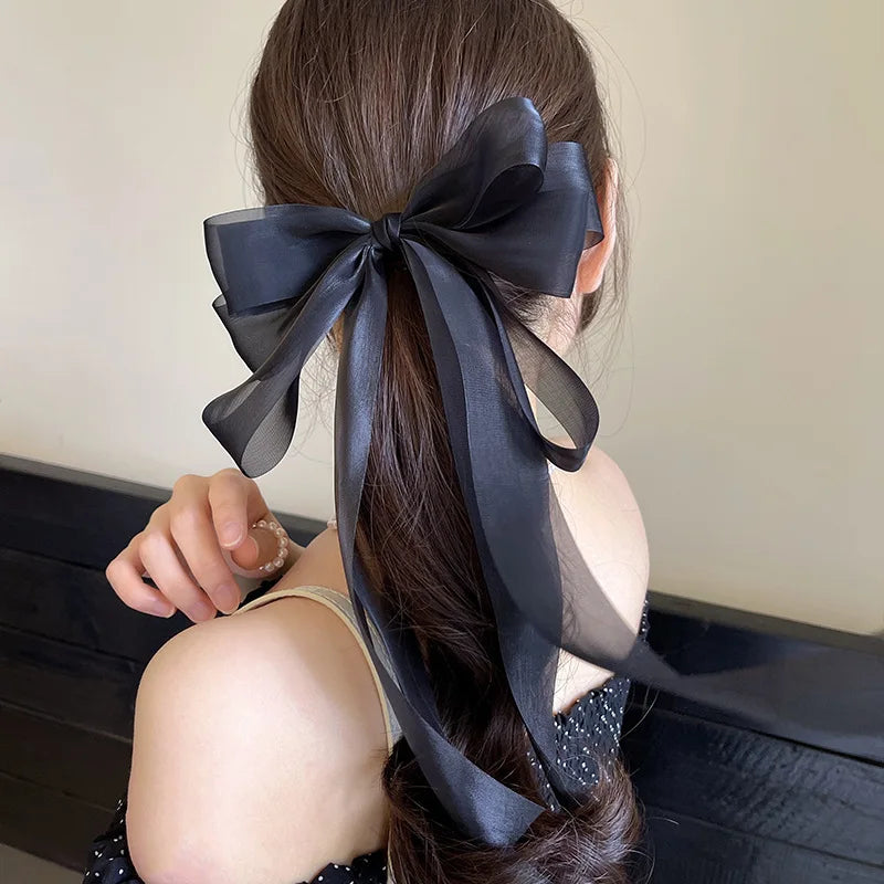 Women Elegant Lace Bow Ribbon Hair Clips Solid Color Satin Заколка Бант Girls Korean Hairpins Party Headdress Hair Accessories
