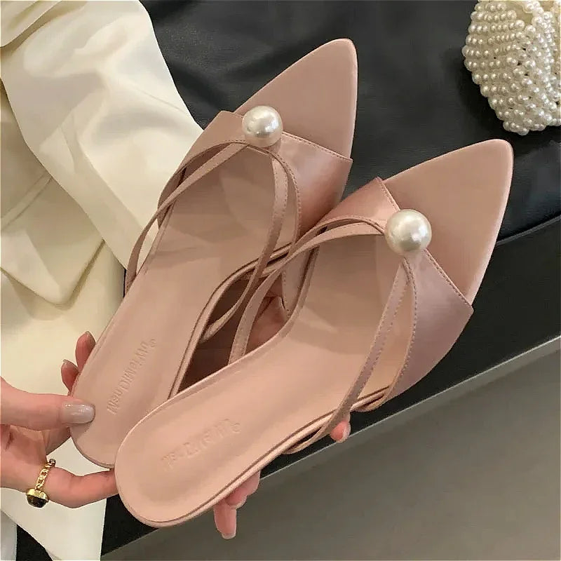 New 2025 Summer Open Toe Women Slippers Sexy Pointed Toe Slides Sandals Elegant Pearls Decoration Thin High Heels for Women
