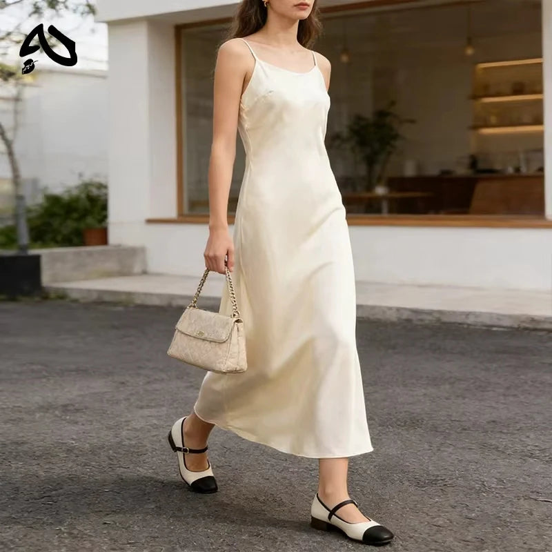 Original Women's Satin Elegant Maxi Dress Sleeveless Sexy Lace-Up Backless Champagne Evening Dress Bridesmaid Long Evening Gown
