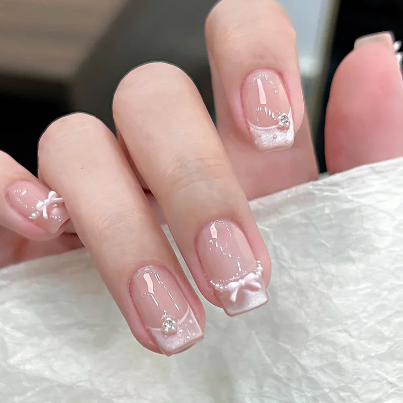24pcs Detachable Short Press on Nails Y2k rhinestone False Nails with Glue Ballet Sweet Cool Girls Artificial False Nails Tips