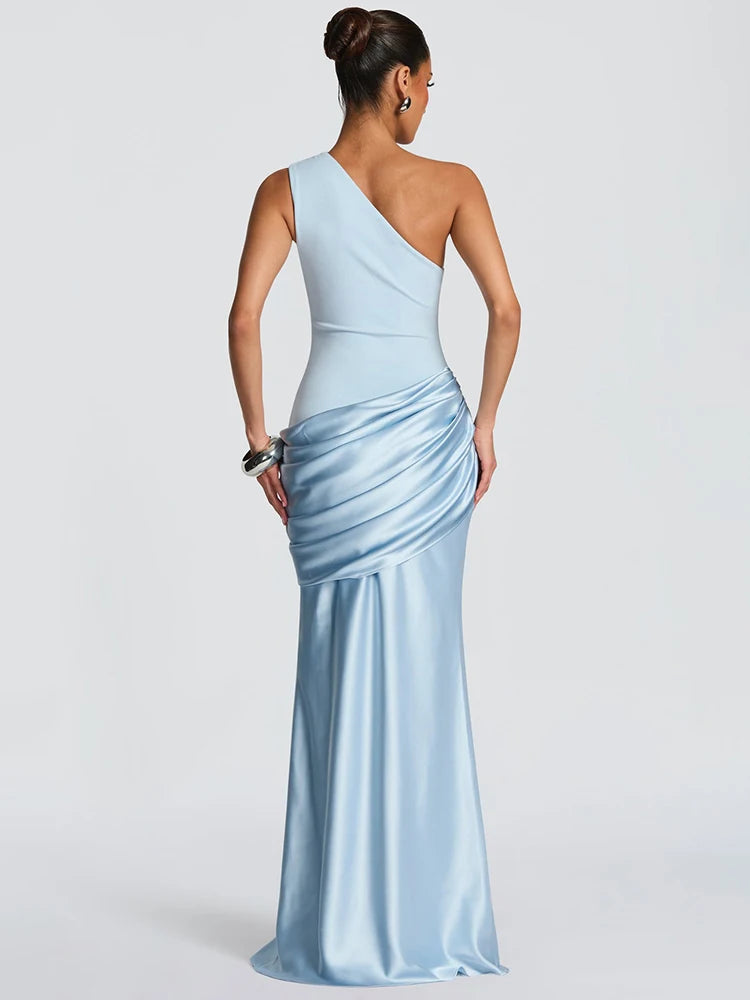 Blifanbo Stain Oblique Shoulder Sexy Maxi Dress Women Gown Ruched Sleeveless Fashion High Waist Club Party Evening Dress Elegant