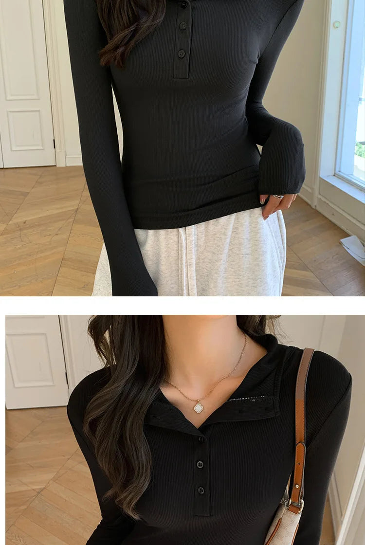Half-buttoned Hooded Sweatshirt for Women Autumn Winter Striped Inner Layering Shirt Slim Long-sleeved Top T-shirt