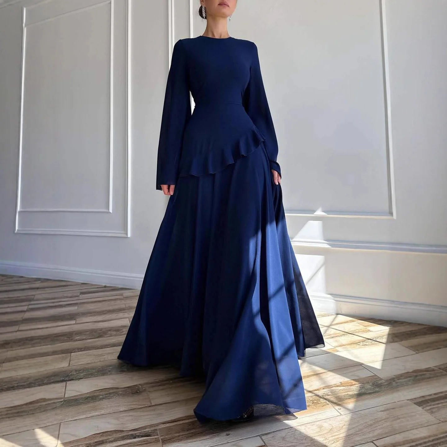 Fashion Flare Sleeve Ruff Long Dress Women Solid O-neck High Waist Slim Pleated Maxi Dresses 2025 Lady Summer Chic Party Robes
