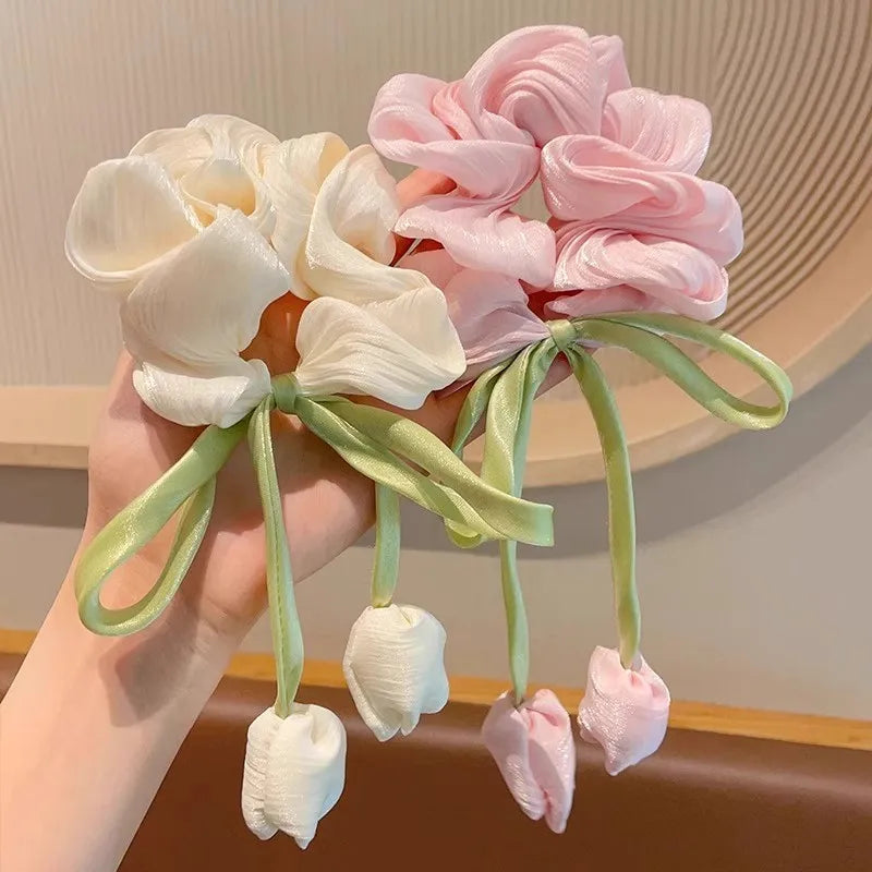 Sweet Girl Wind Mesh Strap Tulip Large Intestine Hair Hoop Handmade Butterfly Knot Rope Tie Ponytail Knot Hair Accessories