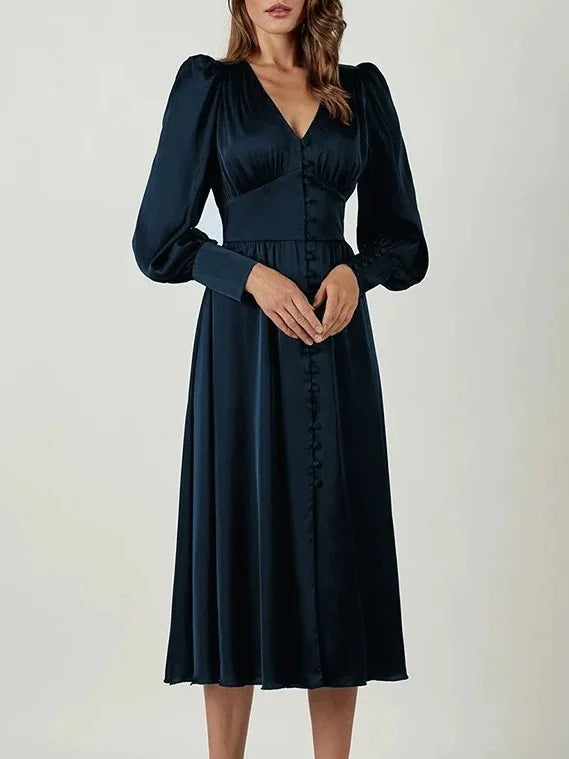 2026 Women's Fashion Satin Dress Lantern Sleeve Waist Slimming Style Elegant Slim Long Dress