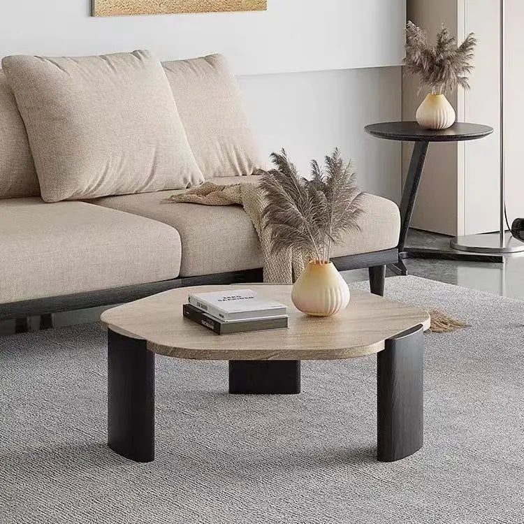 Solid wood travertine coffee table small tea small apartment living room household round balcony special-shaped rock slab Intern