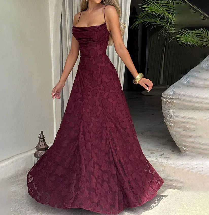 Fashion Spaghetti Strap Loose Dress For Women Elegant Slash Neck High Waist Dresses Lady Vestidos Holiday Party Formal Evening