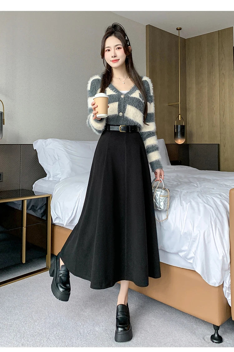Elegant High Waist A-Line Midi Skirt Women's Fashion Slimming Skirts Autumn Winter New Style Loose Flared Mid-Length Skirts