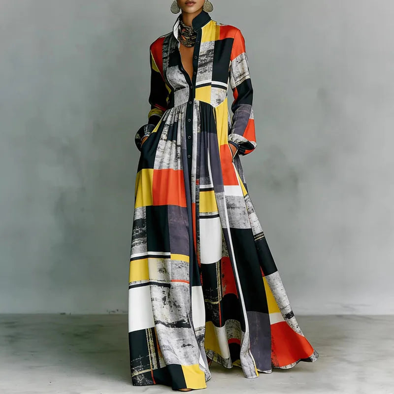 Women's Stand Collar Button Shirt Maxi Dresses Spring Casual High Waist Pocket Hem Long Dress Chic Floral Print Boho Party Dress
