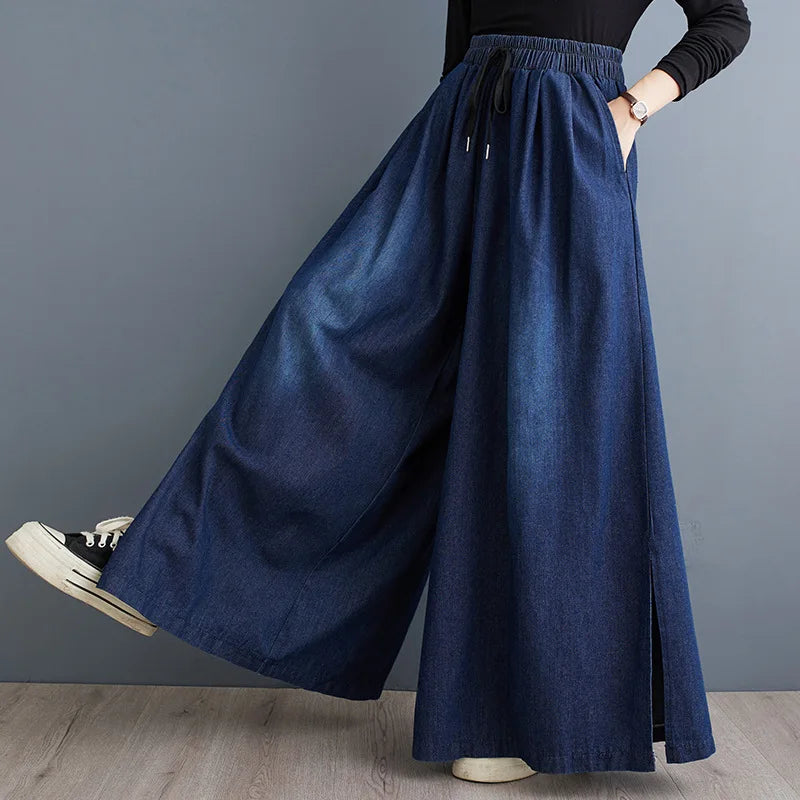 Spring NEW Elastic Waist Loose-Fit Plus Size Women's Jeans Slimming Wide-Leg Ground-Length Simple Culottes Casual Pants