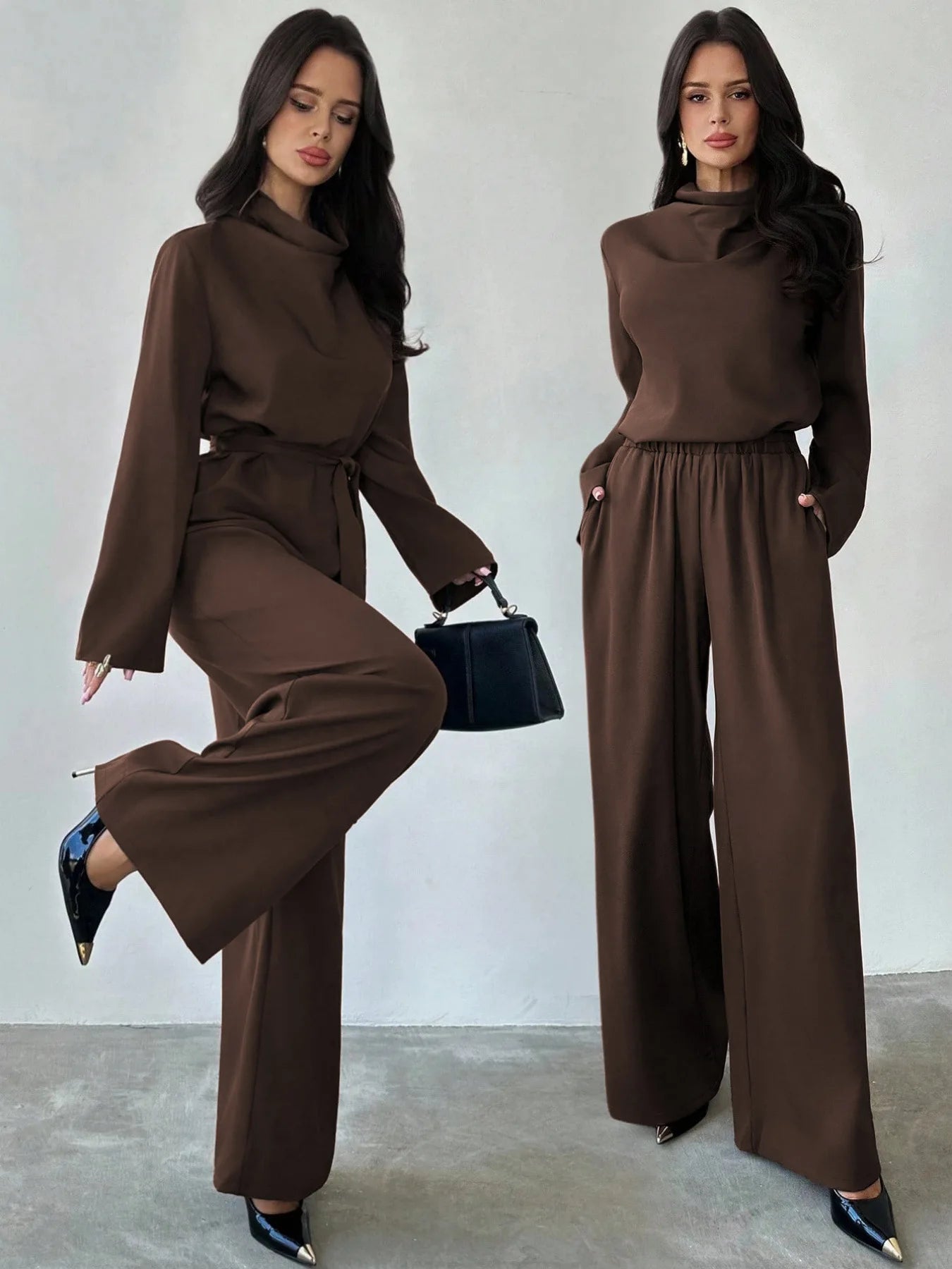 Simple Style Two Piece Outfit 2 Pieces Set For Woman New In Matching Sets Loose Wide Leg Trouser Solid Color All-match Commuting