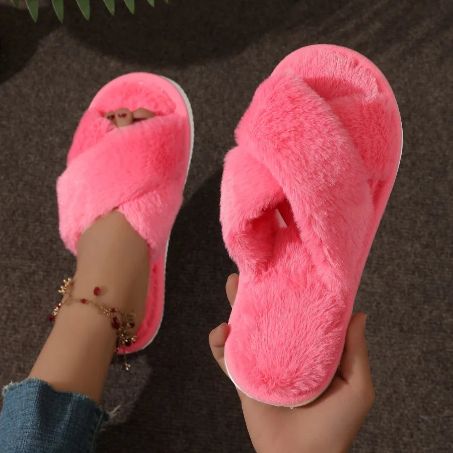 Women’s Furry Cross Band Slippers