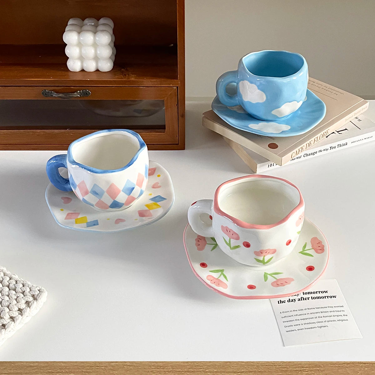 Nordic Hand-Painted Ceramic Coffee Mug & Saucer