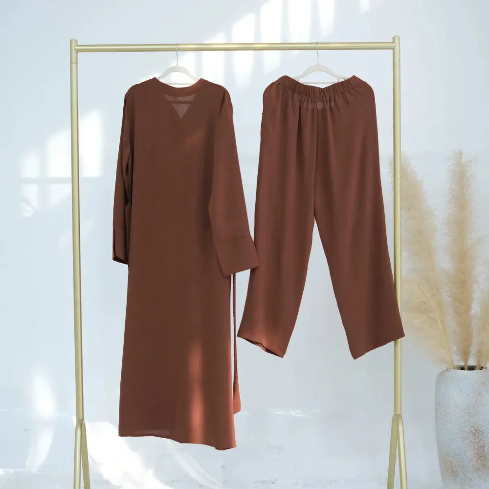 Eid Women Button Up Abaya Straight Pant 2 Piece Set  Muslim Sets Ramadan Dubai Elegant Musulman Ensembles Arab Long Pant Morocco