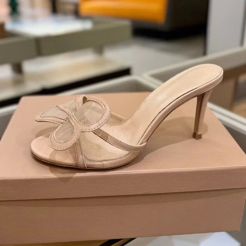 2025 New High Heels Slippers Women Mesh Big Butterfly-knot Thin Heels Lazy Sandals Summer Slides Fashion Party Dress Shoes