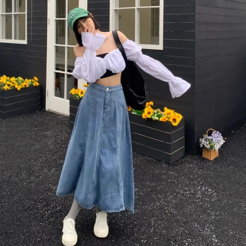 High Waist A- Line Midi Denim Skirt Women's Elastic Waist Design Sensation Slimming Long Skirt Summer Fashion Half-length Skirt