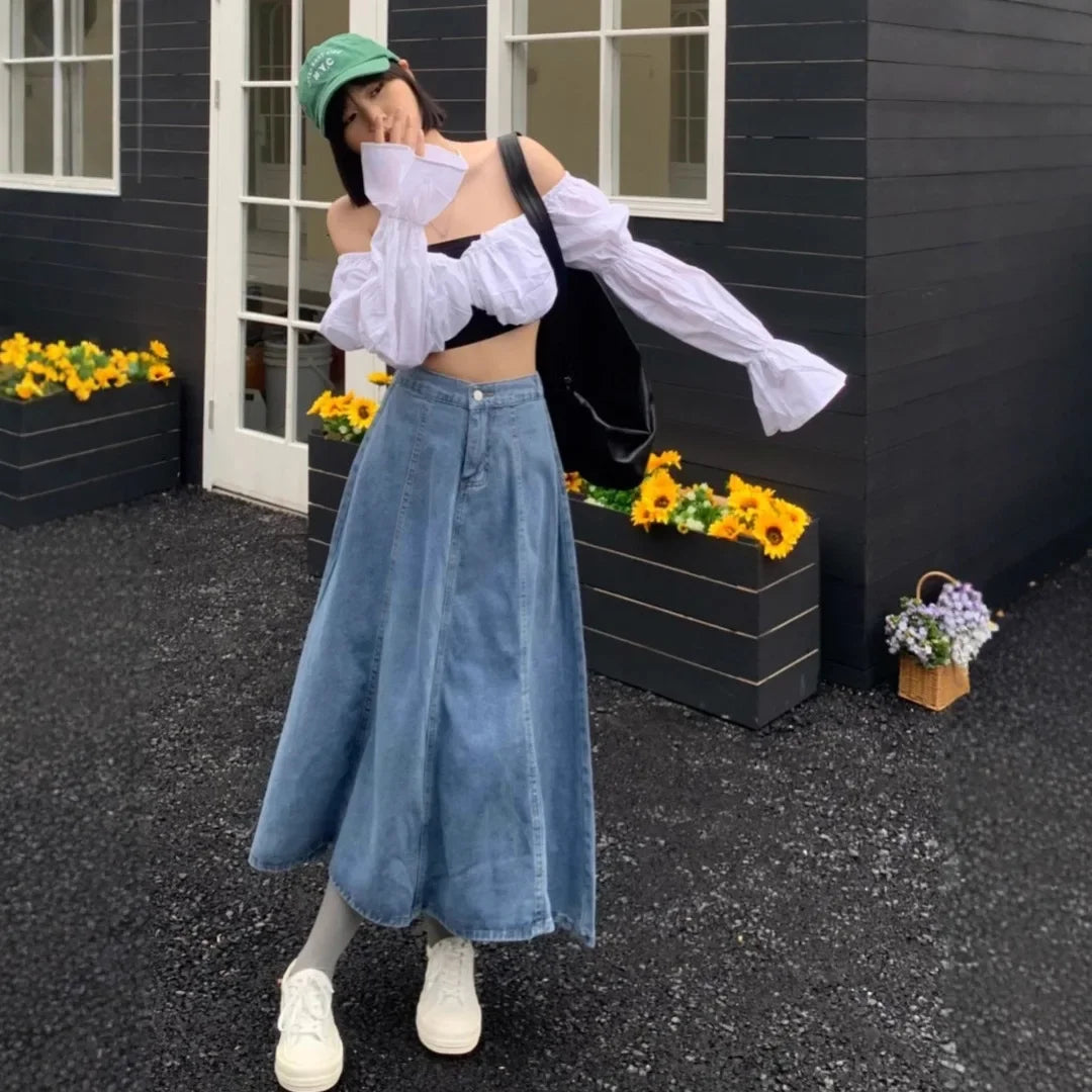 High Waist A- Line Midi Denim Skirt Women's Elastic Waist Design Sensation Slimming Long Skirt Summer Fashion Half-length Skirt
