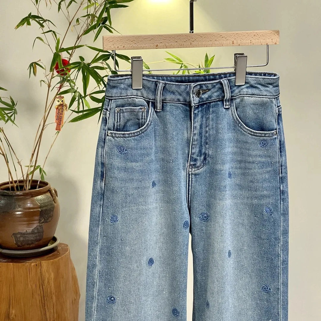 Spring 2025 High Waist Loose Fit Glitter Embroidered Floral Denim Pants Women's Wide Leg Jeans Stylish Casual High Waist
