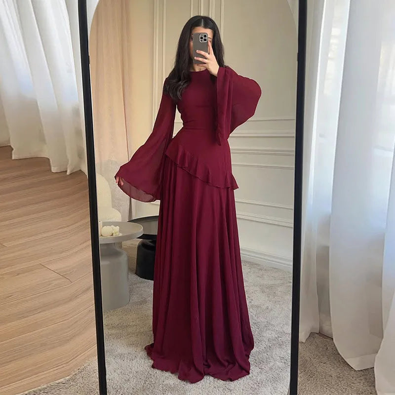 Fashion Flare Sleeve Ruff Long Dress Women Solid O-neck High Waist Slim Pleated Maxi Dresses 2025 Lady Summer Chic Party Robes