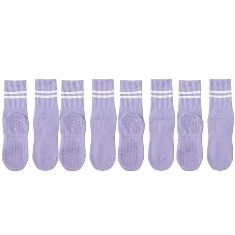 4 Pairs of Mid Tube Double Bar Striped Yoga Socks Anti Slip Dance Sports Breathable Socks Fitness Pilates Cotton Socks