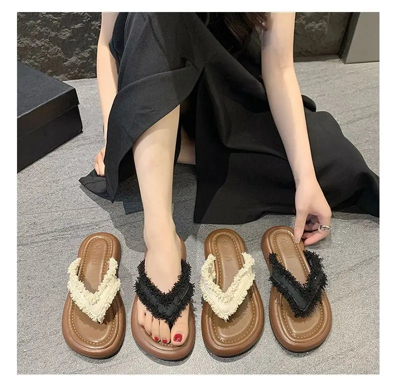 Daily Wear Fashion Slippers Women's Fringe Trim Flip Flops - Casual Flat Thong Sandals for Summer, Beach & Dress Outfits