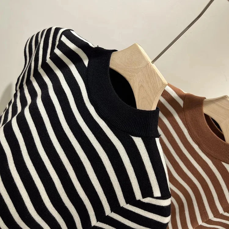 Half Turtleneck Pullover Striped Sweater Sweater Slim Fit Top Shirt Women's Early Spring and Autumn Short Sleeve Bottoming Shirt