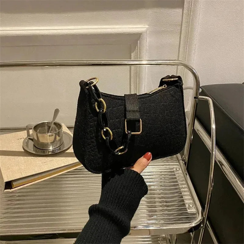 Luxury Crescent Shoulder Tote Bag for Women – Elegant Felt Design Underarm Handbag, Small Square Fashion Purse