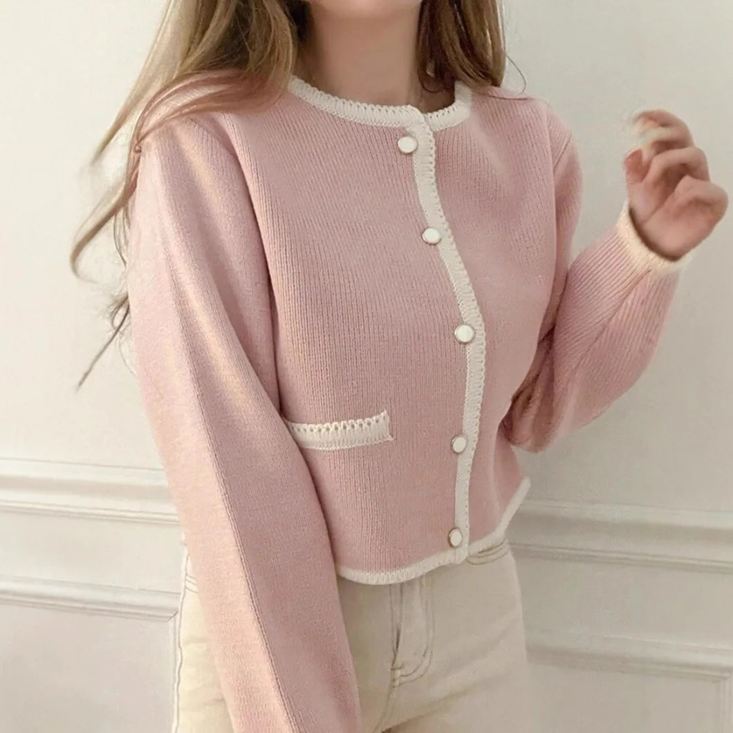 Chic Contrast Color Round Neck Single Button Knit Cardigan Sweater