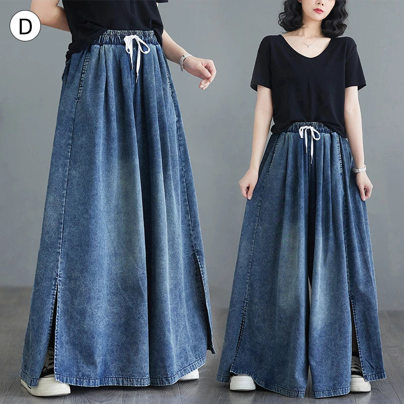 Spring NEW Elastic Waist Loose-Fit Plus Size Women's Jeans Slimming Wide-Leg Ground-Length Simple Culottes Casual Pants