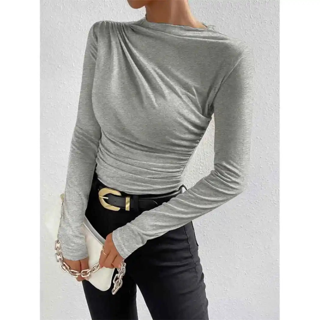 Women's Pleated Long Sleeve T-Shirt Bodycon Fit Polyester Spandex Blend Drawstring Closure  Color European Style Top
