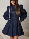 Denim Dresses Women 2024 Autumn Fashion Vintage Lace Up Long Sleeve Mini Dress Street Trendy High Waist Elegant Dress