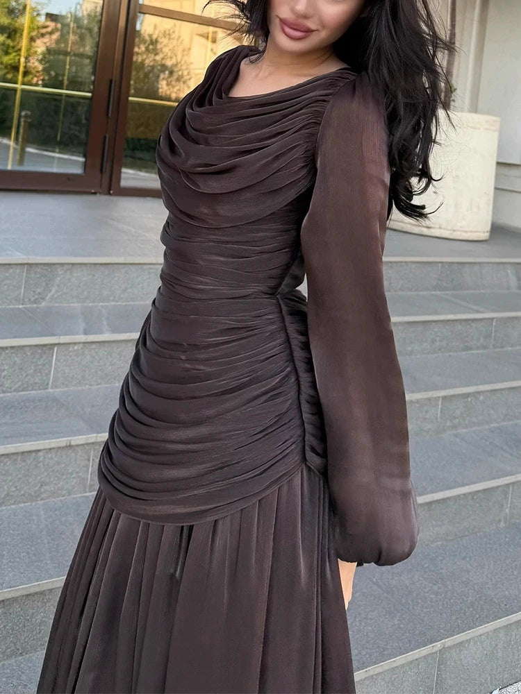 Women's Fashion Draped Design Solid Long Dress 2026 Casual Commute Waist Party Dresses Elegant O-neck Long Sleeve Evening Dress