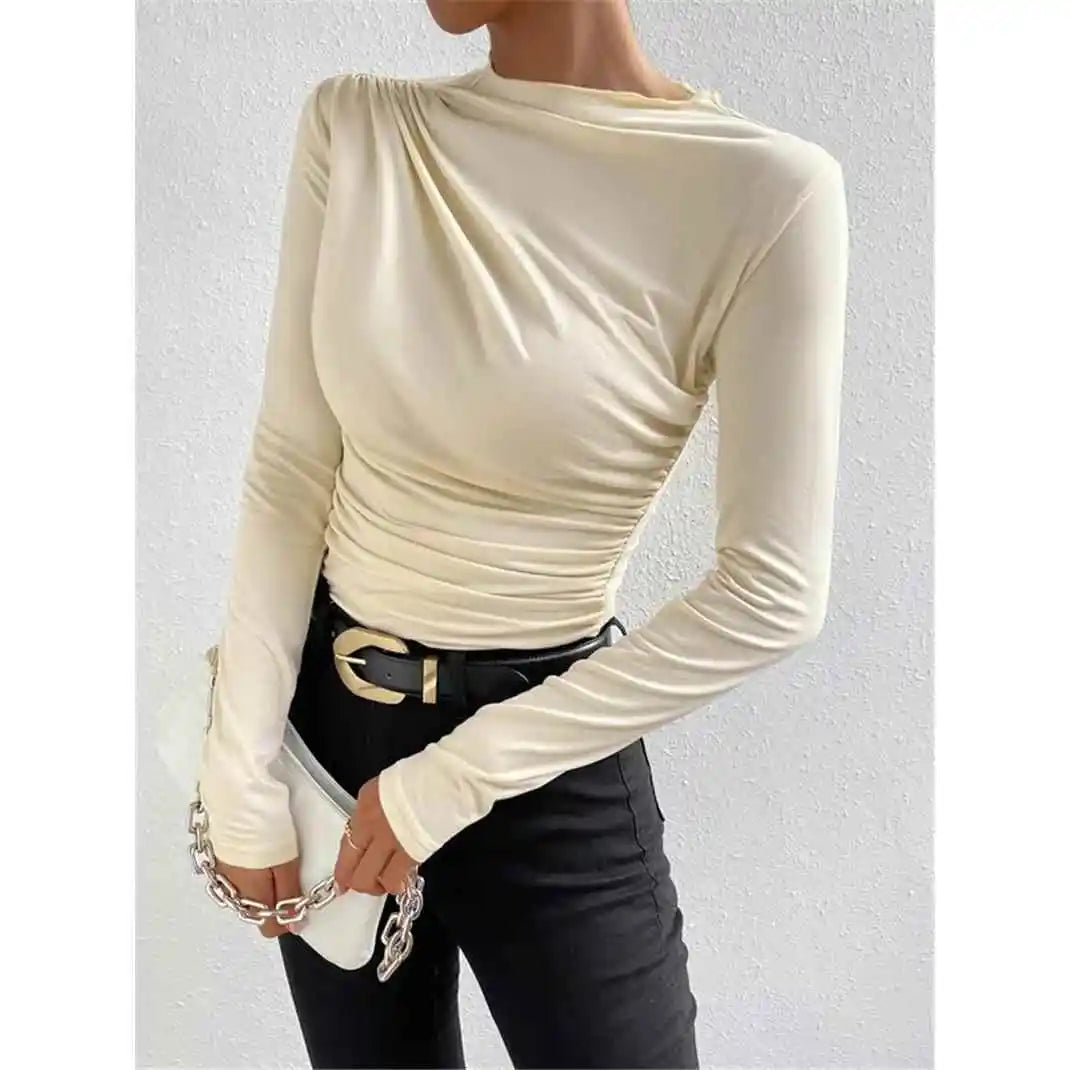 Women's Pleated Long Sleeve T-Shirt Bodycon Fit Polyester Spandex Blend Drawstring Closure  Color European Style Top