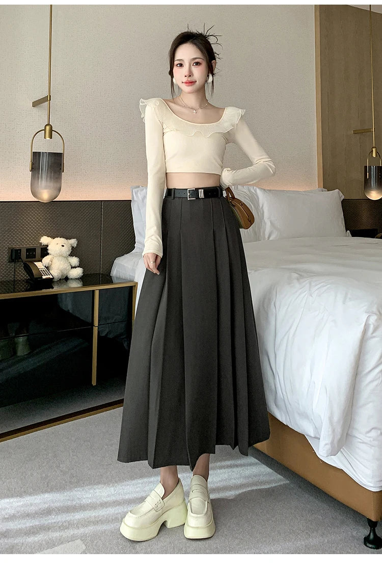 [EWQ] Elegant Solid Color Mid-Length All Match Skirt For Women 2026 Spring Summer Loose High Waist A-Line Pleated Skirts 16O9169