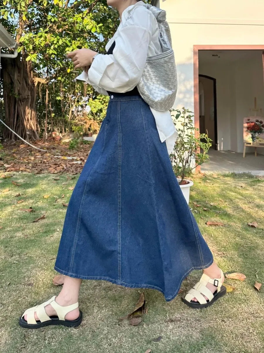 High Waist A- Line Midi Denim Skirt Women's Elastic Waist Design Sensation Slimming Long Skirt Summer Fashion Half-length Skirt