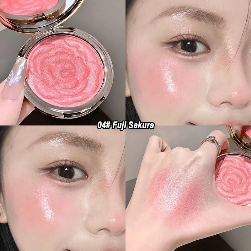 Rose Embossed Blush Powder, Shimmery Finish, Multiple Pink Shades Available, Floral Texture Design, Ideal for Daily Face Makeup