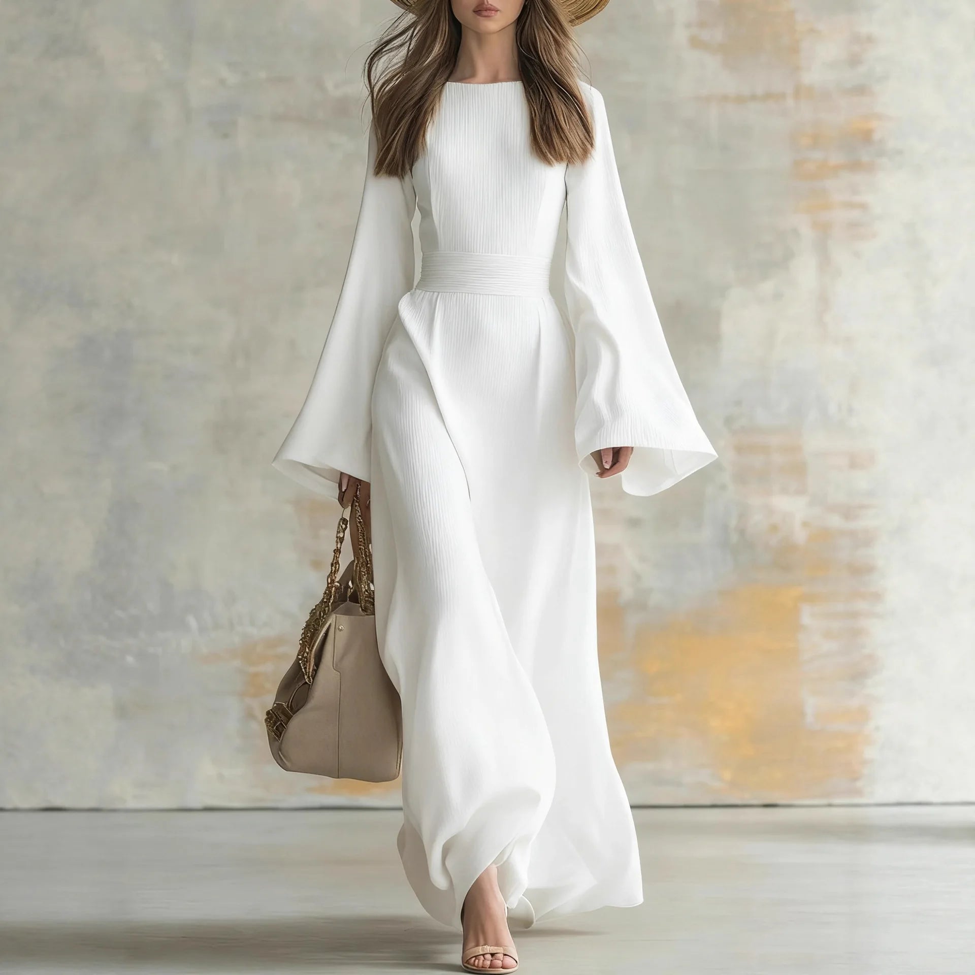 New Spring Elegant Crew Neck Long Dresses Woman Solid Tie-up Bowknot Slim Party Dress Autumn Flare Sleeve Loose Maxi Dress