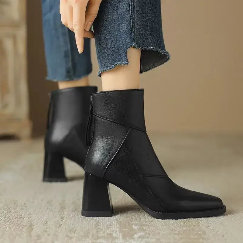 2025 New Chelsea Boots Women Shoes Chunky Ankle Goth Mid Heels Brand Winter Fashion Pointed Toe Boots Motorcycle Botas Femme