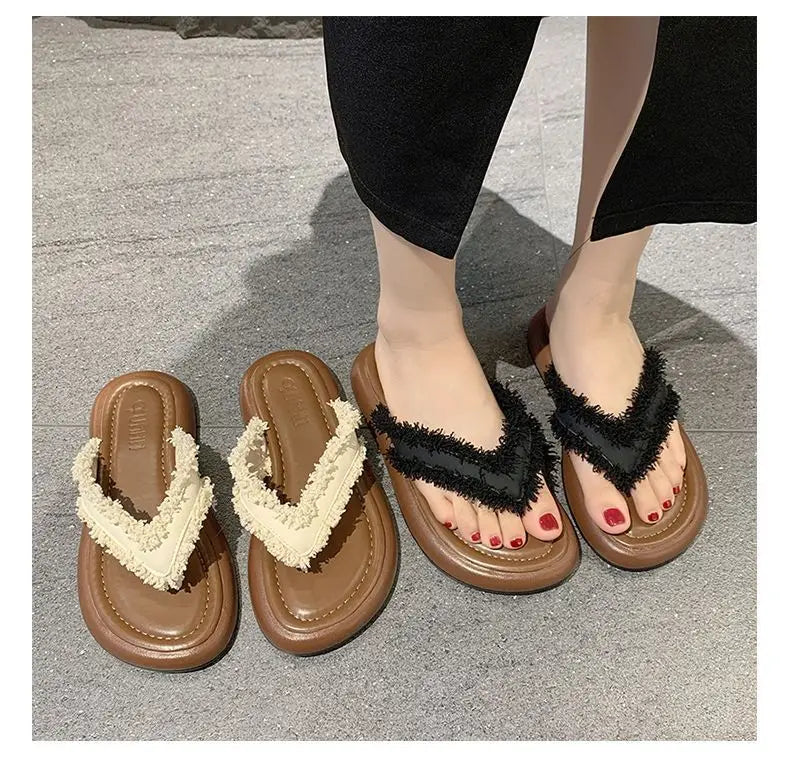 Daily Wear Fashion Slippers Women's Fringe Trim Flip Flops - Casual Flat Thong Sandals for Summer, Beach & Dress Outfits