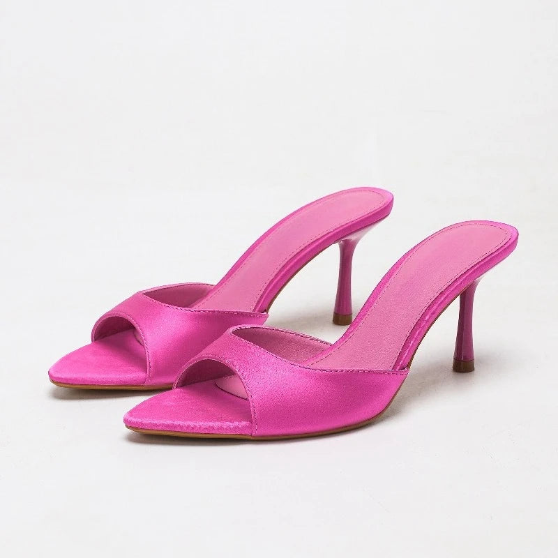 2026 New Arrival Women's Satin Mule Shoes High Heel Stiletto Slip On Sandals Fashion Elegant Party Wedding Shoes Champagne Beige