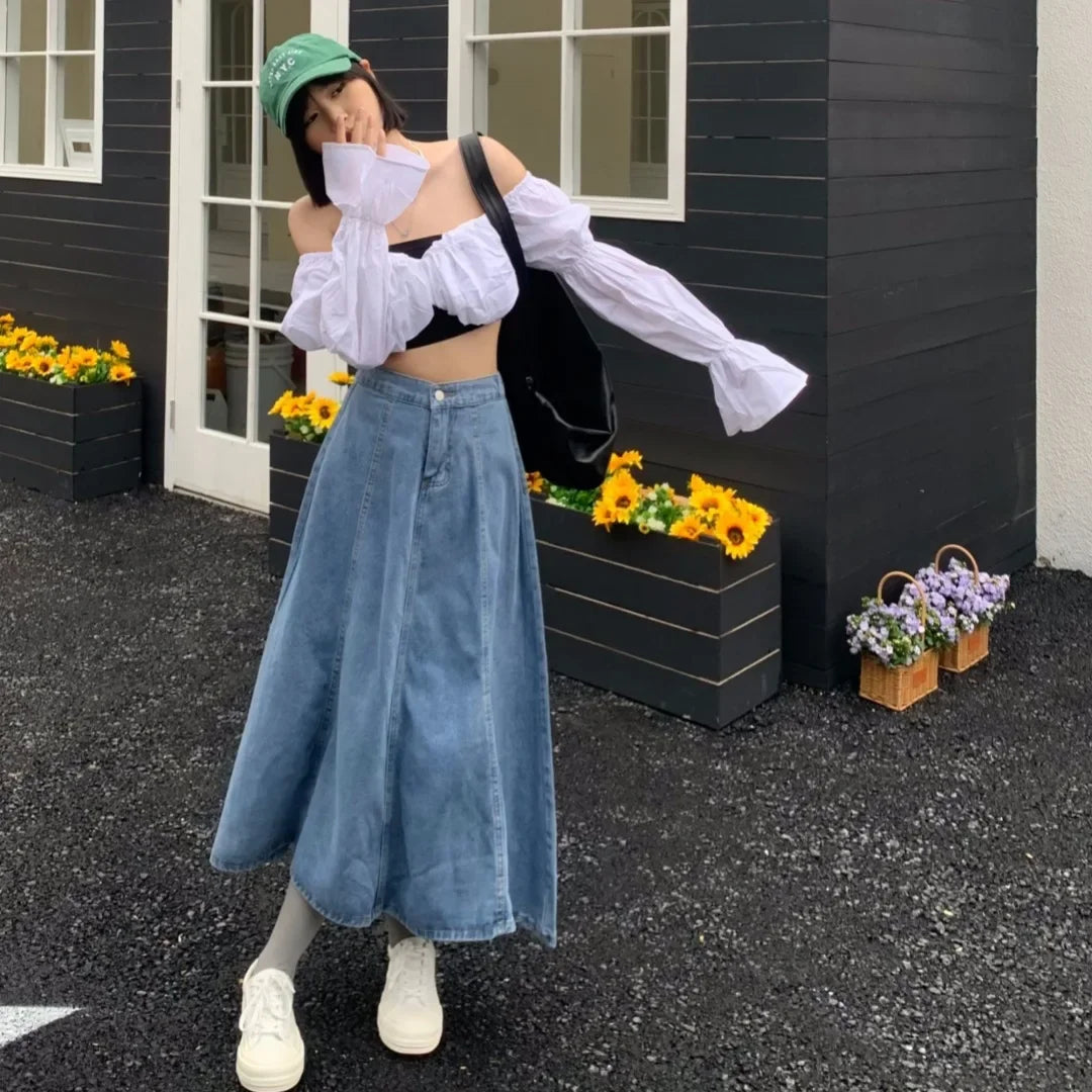 High Waist A- Line Midi Denim Skirt Women's Elastic Waist Design Sensation Slimming Long Skirt Summer Fashion Half-length Skirt