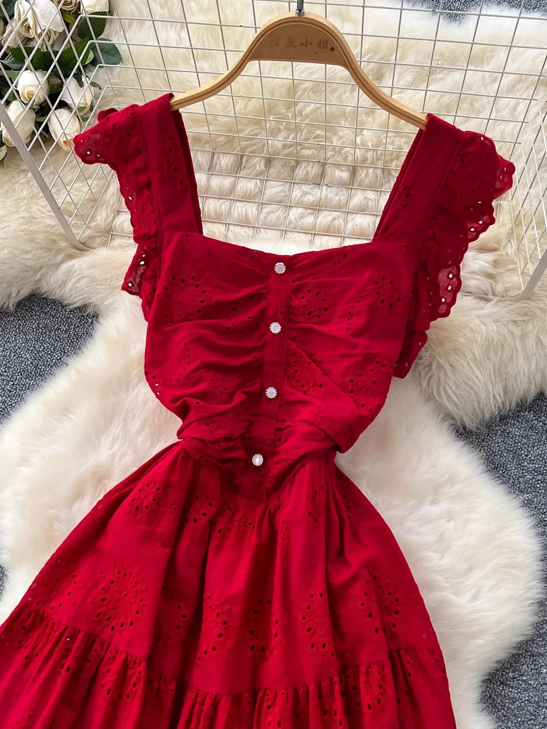 2025 Vintage Summer Elegant Square Neck Dress Lace Embroidered Cinched Waist Vestidos for Women Elegant Party Dress New Fashion