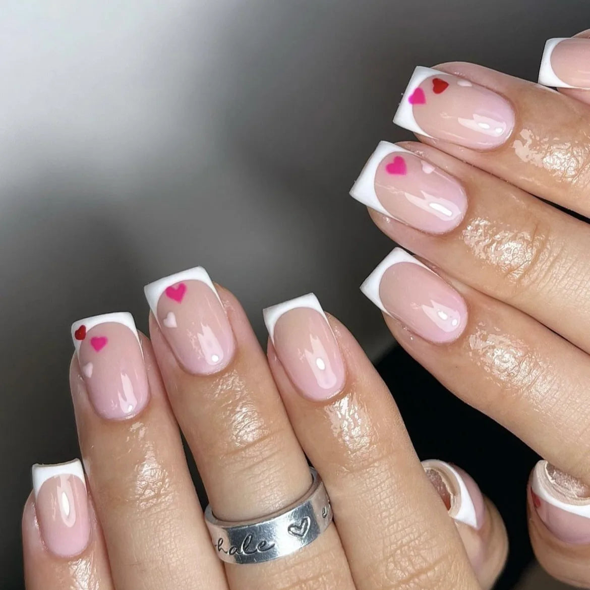 24Pcs French Tip Handmade Press On Nails Minimalist Solid Color Fake Nails Medium Square Full Cover Press On Nail Tips With Glue