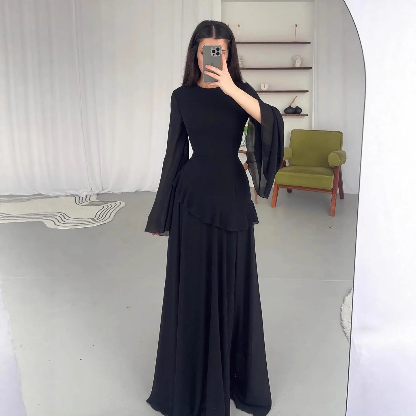 Fashion Flare Sleeve Ruff Long Dress Women Solid O-neck High Waist Slim Pleated Maxi Dresses 2025 Lady Summer Chic Party Robes