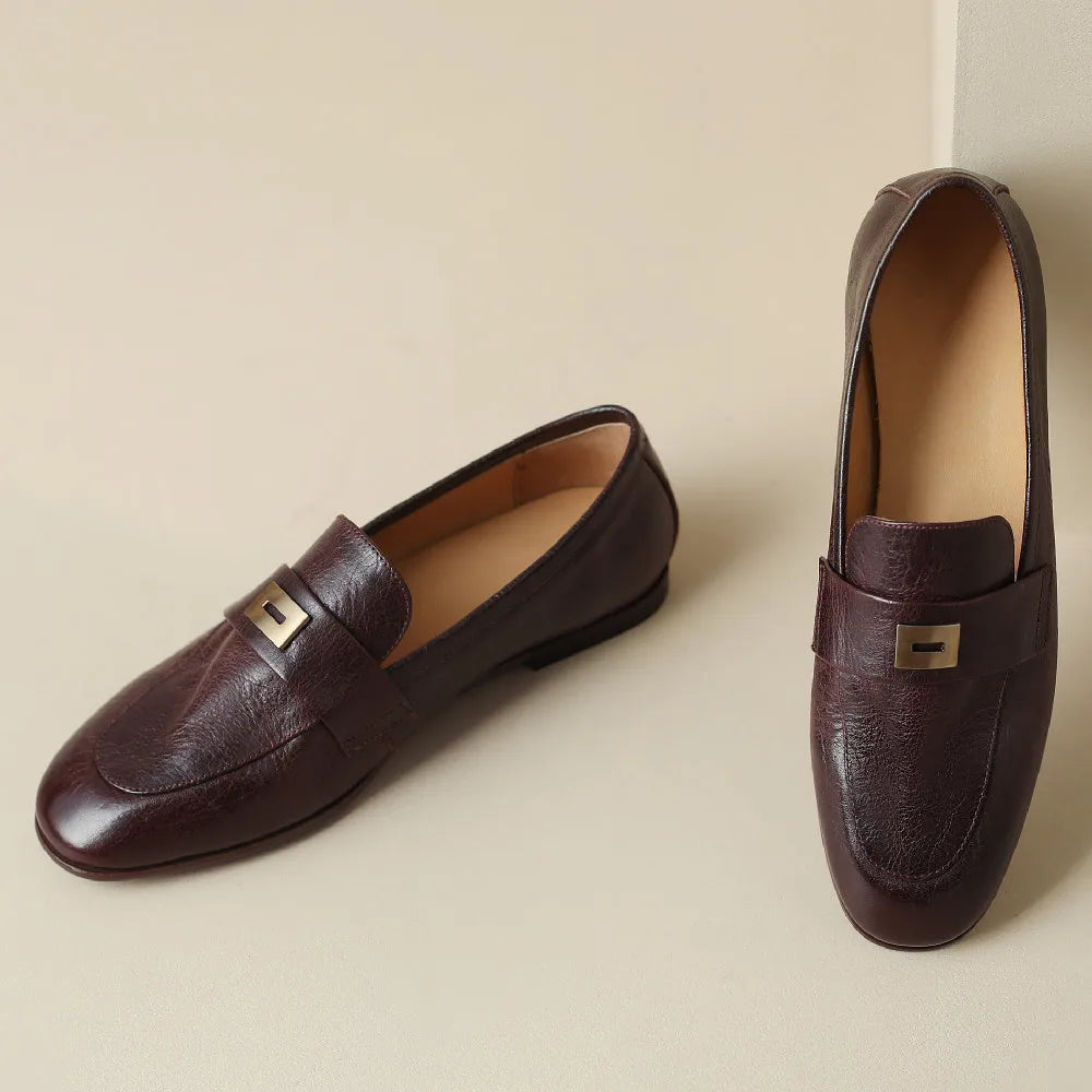 Danxuefei Women’s Leather Slip-On Loafers – Round Toe