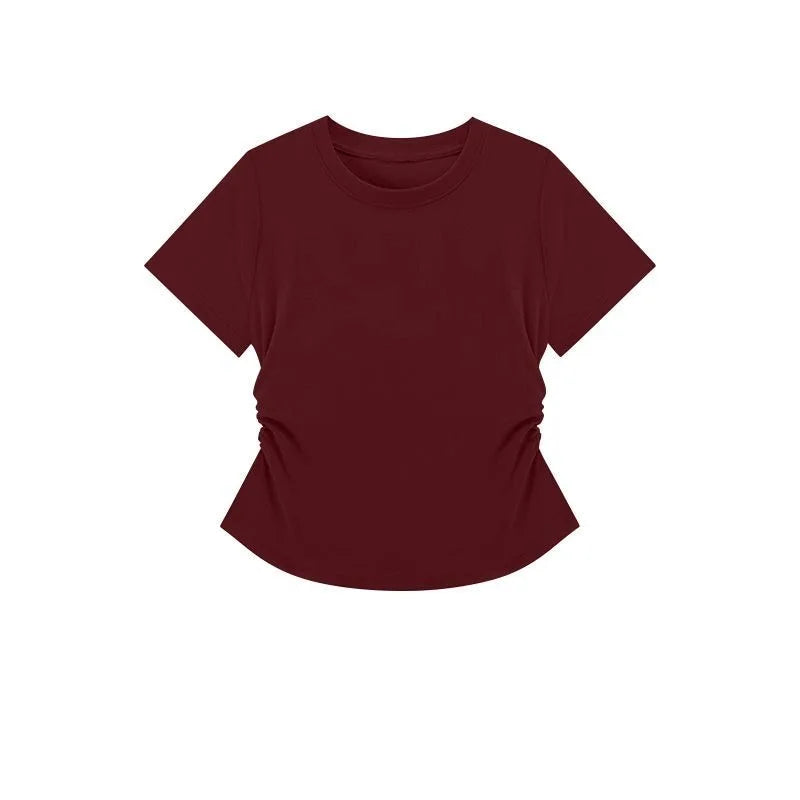 Summer Women's Threaded Waist Cinched U-shaped Hem Slim Irregular Short Sleeved Top for Women Clothing  Tops
