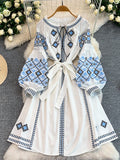 Women's Dress Spring New Style Vintage Embroidery Lace-up O-Neck Versatile Loose Bandage Waist A-line Mid-length Vestidos DS354