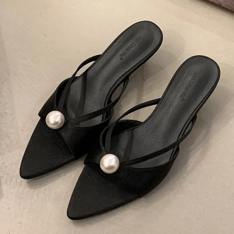 New 2025 Summer Open Toe Women Slippers Sexy Pointed Toe Slides Sandals Elegant Pearls Decoration Thin High Heels for Women