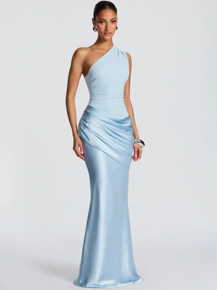 Blifanbo Stain Oblique Shoulder Sexy Maxi Dress Women Gown Ruched Sleeveless Fashion High Waist Club Party Evening Dress Elegant